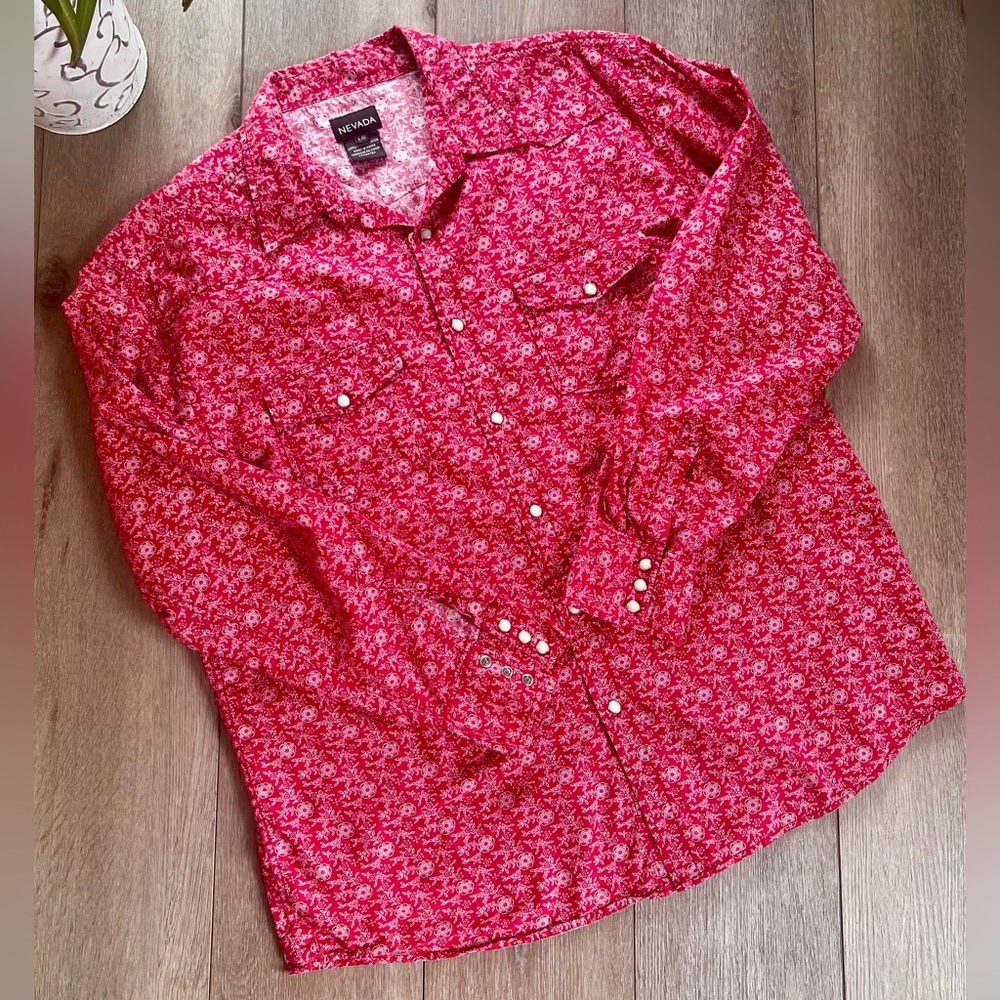 Nevada vintage Red and white unisex western cowboy Cotton snap Shirt